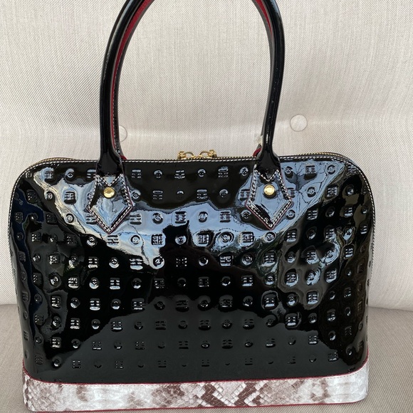 Arcadia Glossy Black and Textured Brown Satchel - Picture 2 of 12